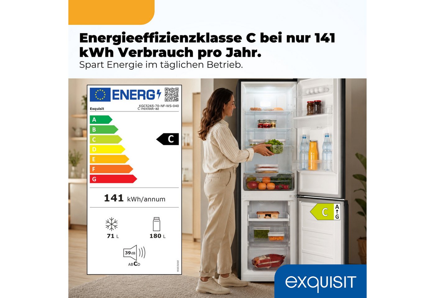 exquisit Kühl-/Gefrierkombination KGC5265-70-NF-WS-040C, 180,5 cm hoch, 54 cm breit, 251 l Nutzinhalt, LED Beleuchtung, Energieklasse C, 39 dB Bild 5