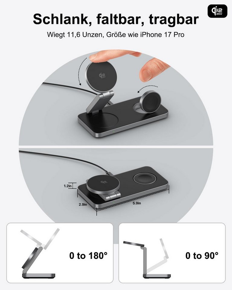 ibettertec 25w Apple Watch iPhone 3in1 MagSafe Wireless Charger Wireless Charger Induktions-Ladegerät (Schnelles Kabelloses Ladegerät, Verfügbar für iPhone 17/16/15/14/13/12 Serie, Apple Watch, AirPods, 3 in1 PowerBase + USB-C Kabel + 35w Ladegerät)