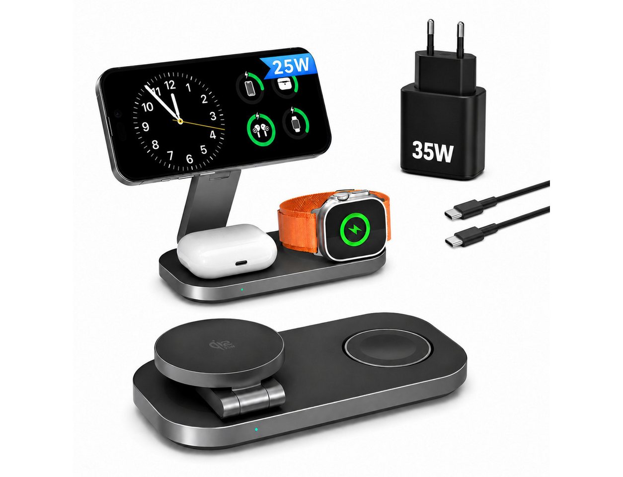 ibettertec 25w Apple Watch iPhone 3in1 MagSafe Wireless Charger Wireless Charger Induktions-Ladegerät (Schnelles Kabelloses Ladegerät, Verfügbar für iPhone 17/16/15/14/13/12 Serie, Apple Watch, AirPods, 3 in1 PowerBase + USB-C Kabel + 35w Ladegerät) Bild 3