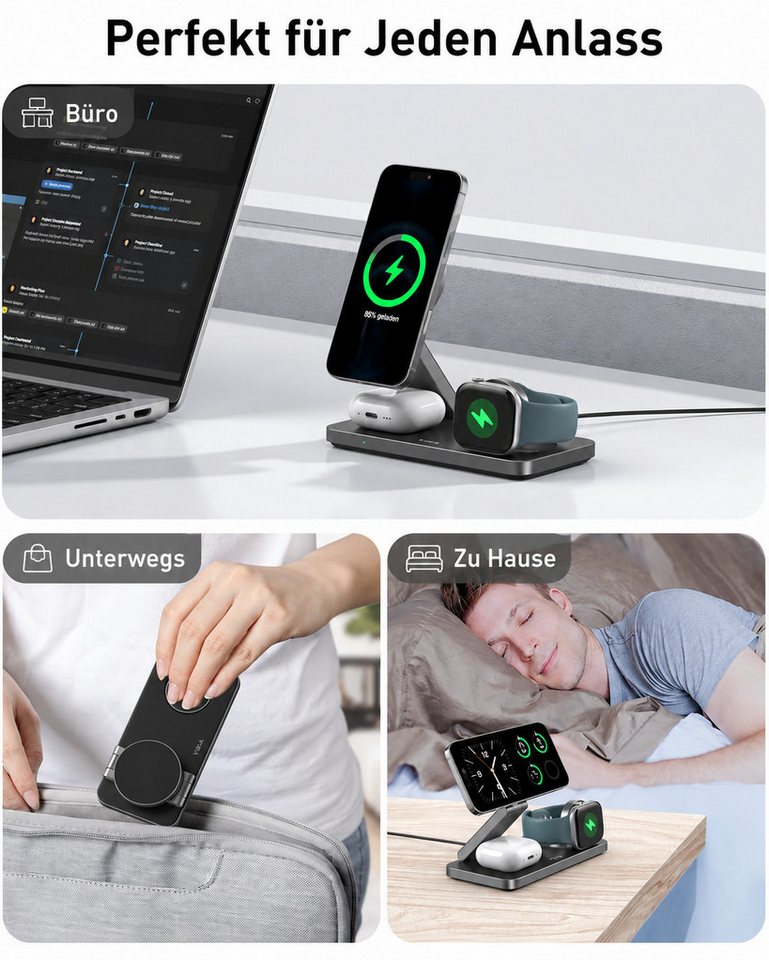 ibettertec 25w Apple Watch iPhone 3in1 MagSafe Wireless Charger Wireless Charger Induktions-Ladegerät (Schnelles Kabelloses Ladegerät, Verfügbar für iPhone 17/16/15/14/13/12 Serie, Apple Watch, AirPods, 3 in1 PowerBase + USB-C Kabel + 35w Ladegerät) Bild 5
