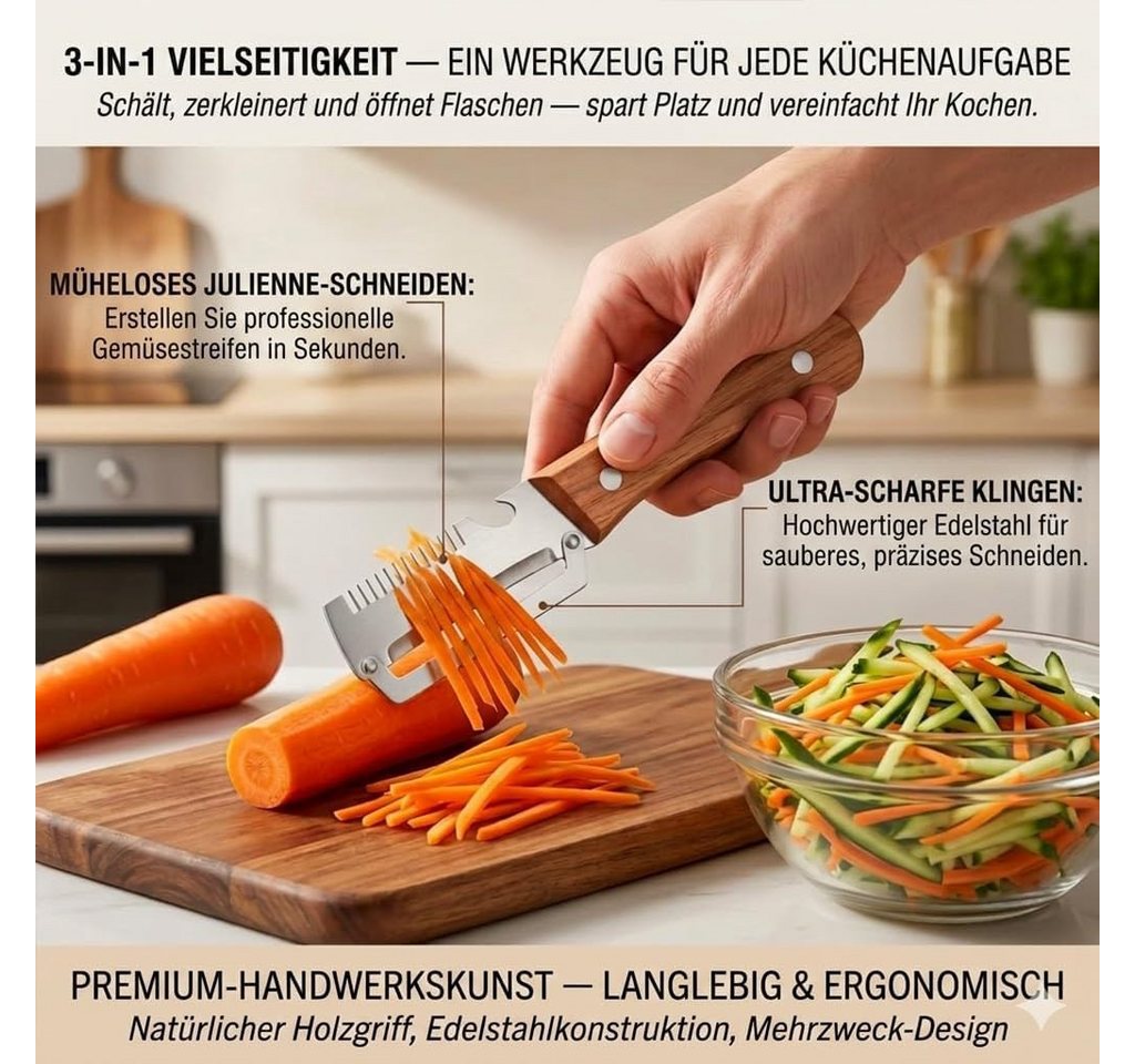 FELIXLEO Gemüseschneider 2er Set 3 in 1 Gemüseschäler Julienne Holzgriff