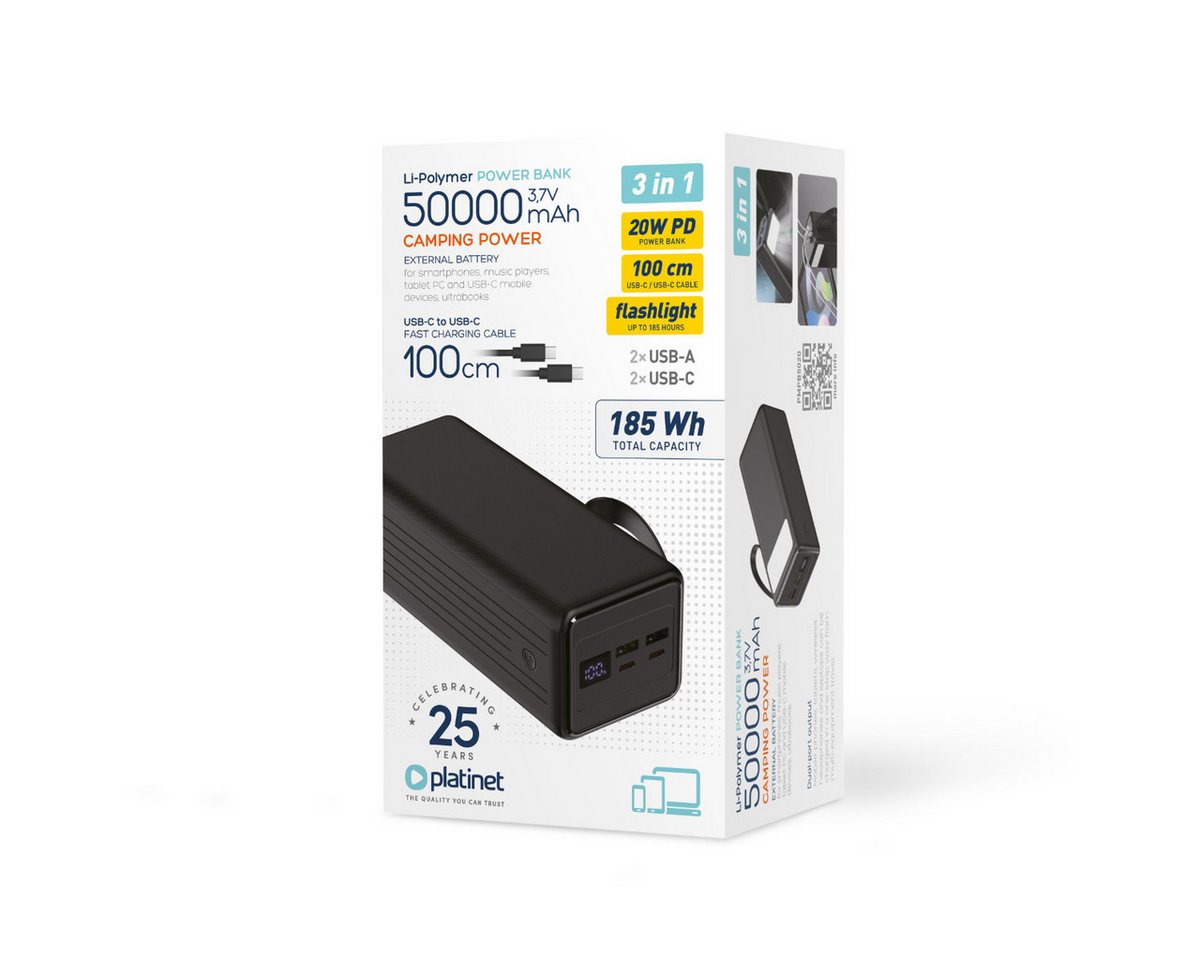 Platinet PMPB5020 Powerbank 50000 mAh (3,7 V), 50000 mAh mit PD 20W und Taschenlampe