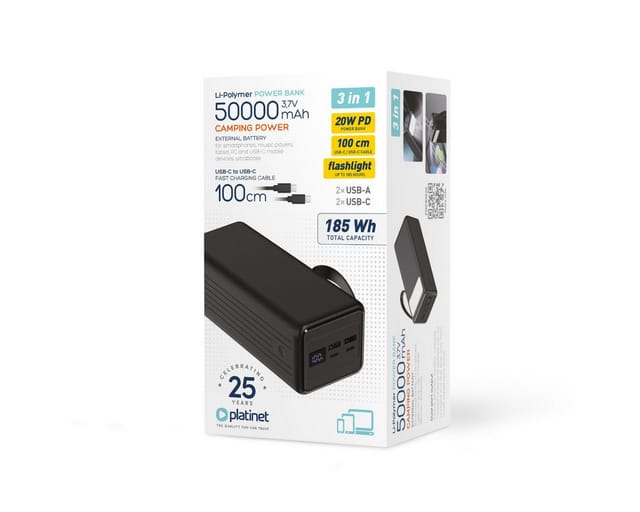 Platinet PMPB5020 Powerbank 50000 mAh (3,7 V), 50000 mAh mit PD 20W und Taschenlampe