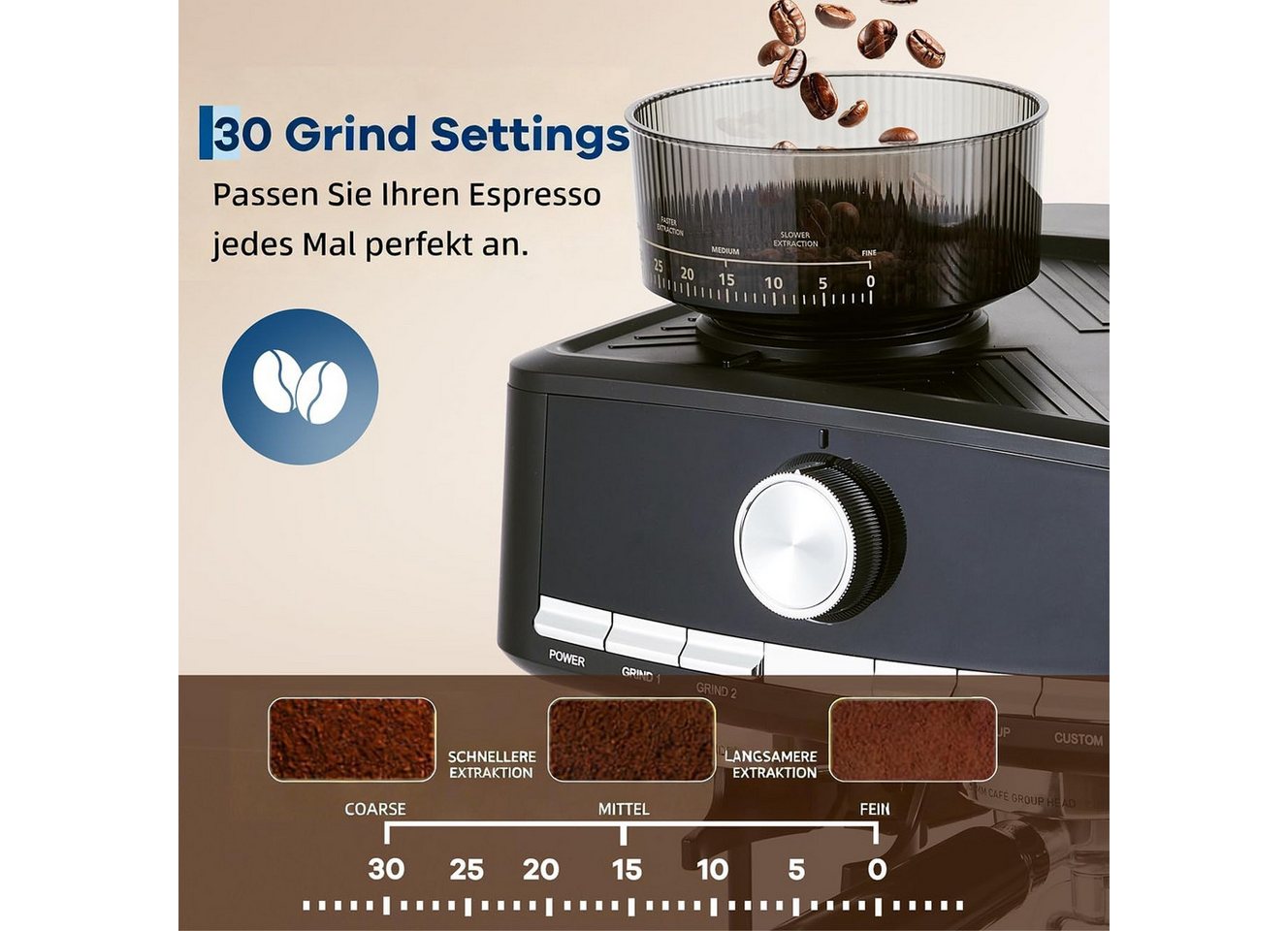 GarveeMore Espressomaschine CMP0001-GS, 1,5l Kaffeekanne, integriertem Mahlwerk&Milchaufschäumer 30 Mahlgrade,58mm Siebträger