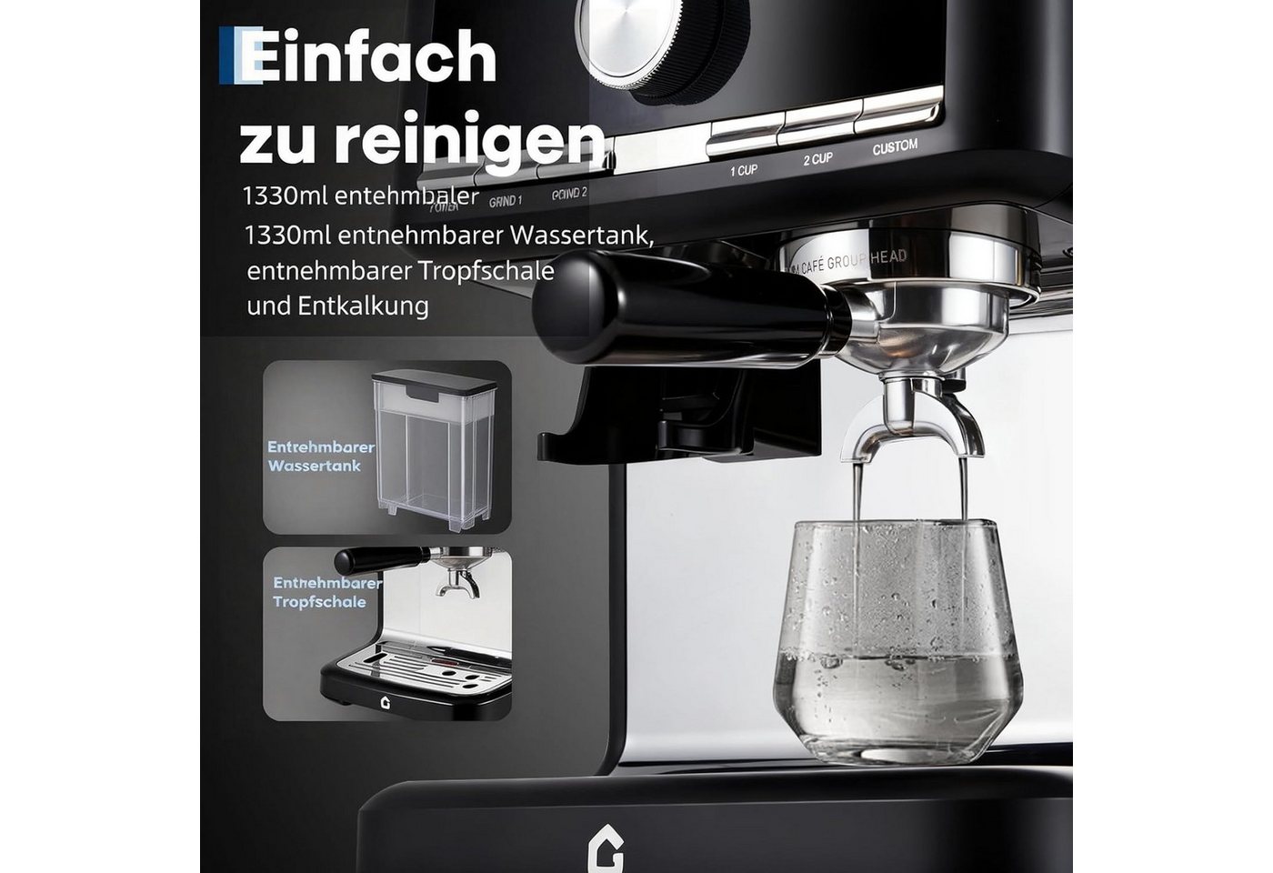 GarveeMore Espressomaschine CMP0001-GS, 1,5l Kaffeekanne, integriertem Mahlwerk&Milchaufschäumer 30 Mahlgrade,58mm Siebträger Bild 2