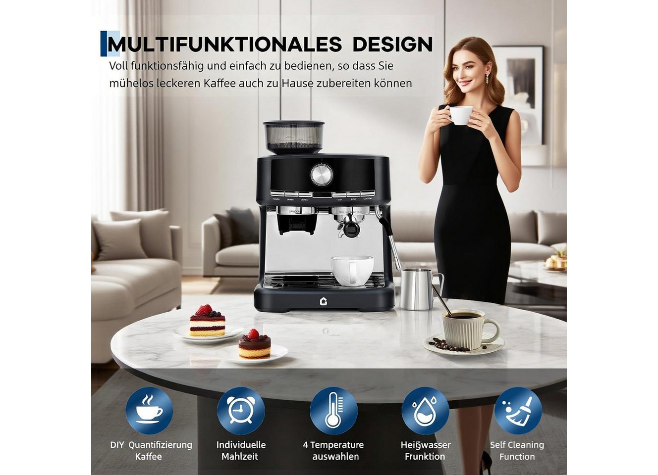 GarveeMore Espressomaschine CMP0001-GS, 1,5l Kaffeekanne, integriertem Mahlwerk&Milchaufschäumer 30 Mahlgrade,58mm Siebträger Bild 4
