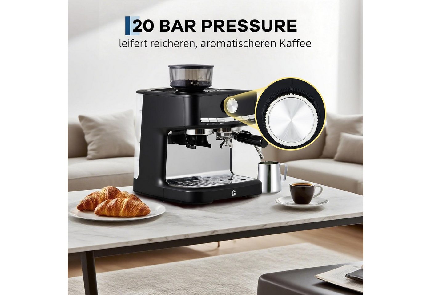 GarveeMore Espressomaschine CMP0001-GS, 1,5l Kaffeekanne, integriertem Mahlwerk&Milchaufschäumer 30 Mahlgrade,58mm Siebträger Bild 5