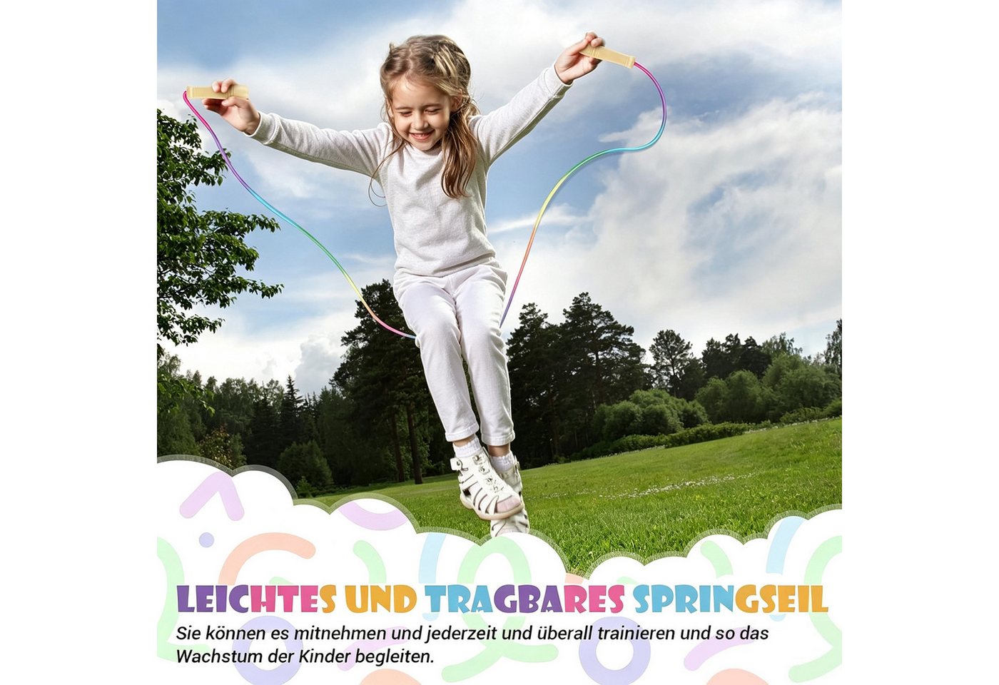 Diwzbyn Springseil Kinder, Verstellbare Seilspringen für Fitness, 250/500CM Jump Rope, Kinder mit Holzgriff und Regenbogen-Springseil