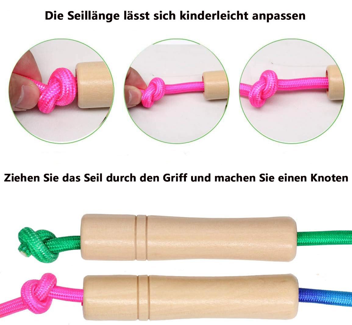 Diwzbyn Springseil Kinder, Verstellbare Seilspringen für Fitness, 250/500CM Jump Rope, Kinder mit Holzgriff und Regenbogen-Springseil Bild 2