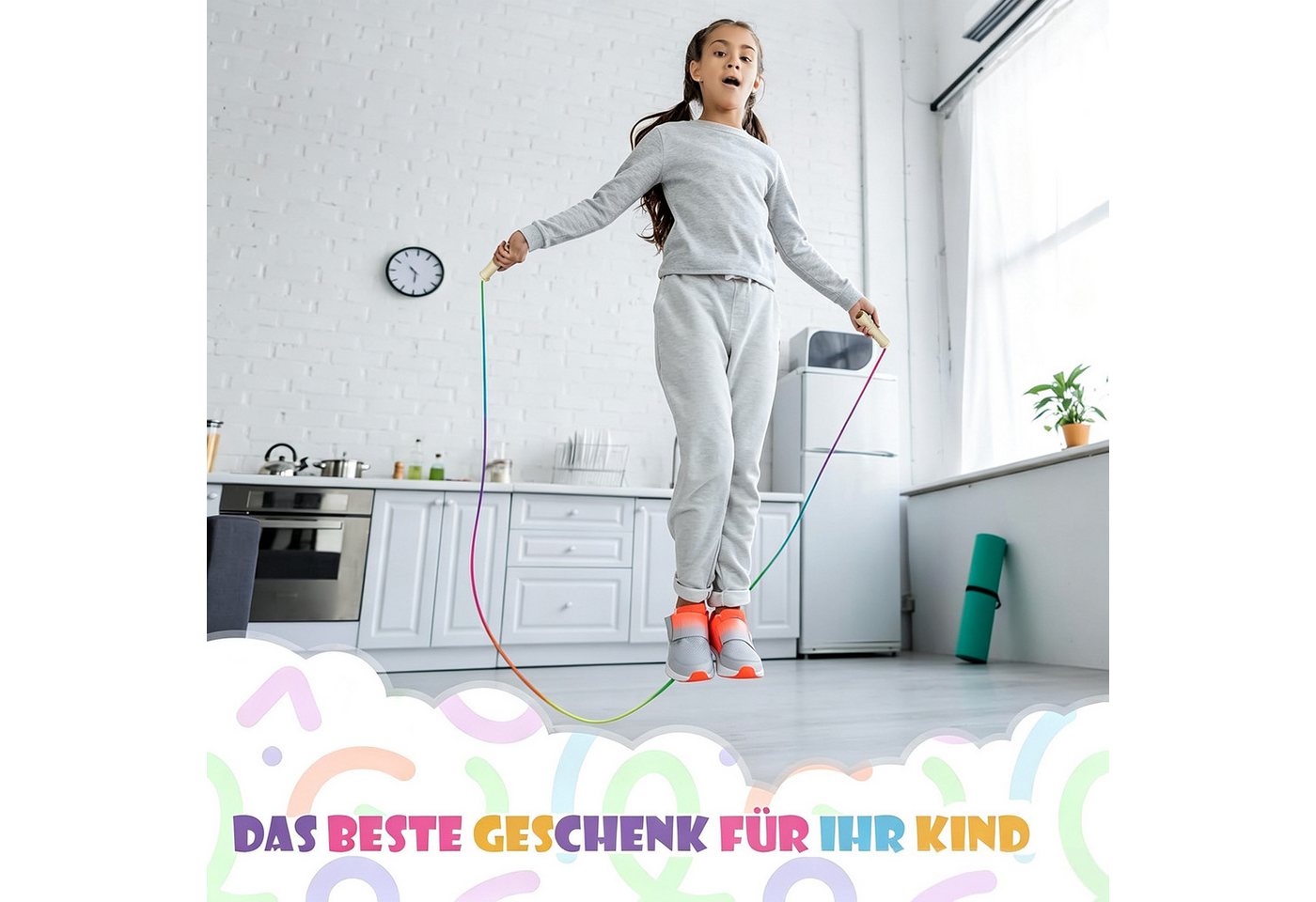 Diwzbyn Springseil Kinder, Verstellbare Seilspringen für Fitness, 250/500CM Jump Rope, Kinder mit Holzgriff und Regenbogen-Springseil Bild 3