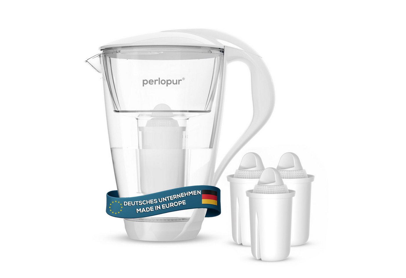 PerloPur Wasserfilter PearlCo Glas Wasserfilter Weiß Inkl. 3 Universal Filterkartuschen, Zubehör für Brita Classic u. PearlCo Classic Bild 3
