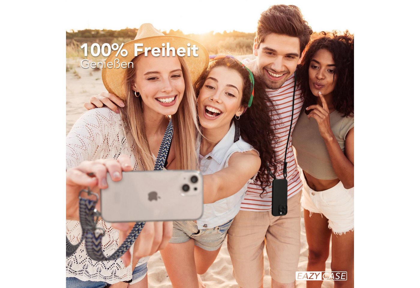 EAZY CASE Handykette Boho Umhängeband für Apple iPhone 13 6,1 Zoll, Handyband zum Wechseln geflochtenes Taschenband Festivalbag Boho Blau