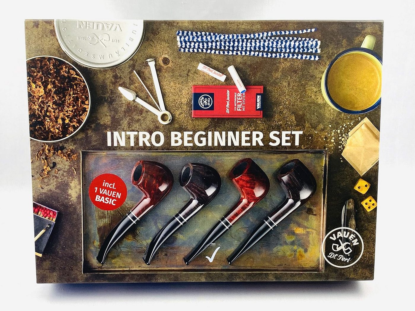 VAUEN Handpfeife VAUEN Pfeife Beginner Intro Starter Set - gerade hell braun, (7-St., 7 teilig), Einsteigerset mit viel Zubehör in einer schönen Geschenkbox