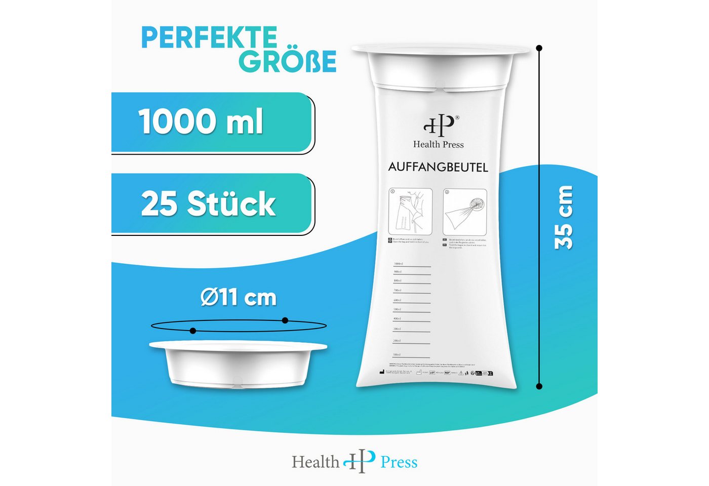 Health Press Spucktuch Auffangbeutel – Brechbeutel 1000 ml, (25-tlg), mit Mundstück Bild 3