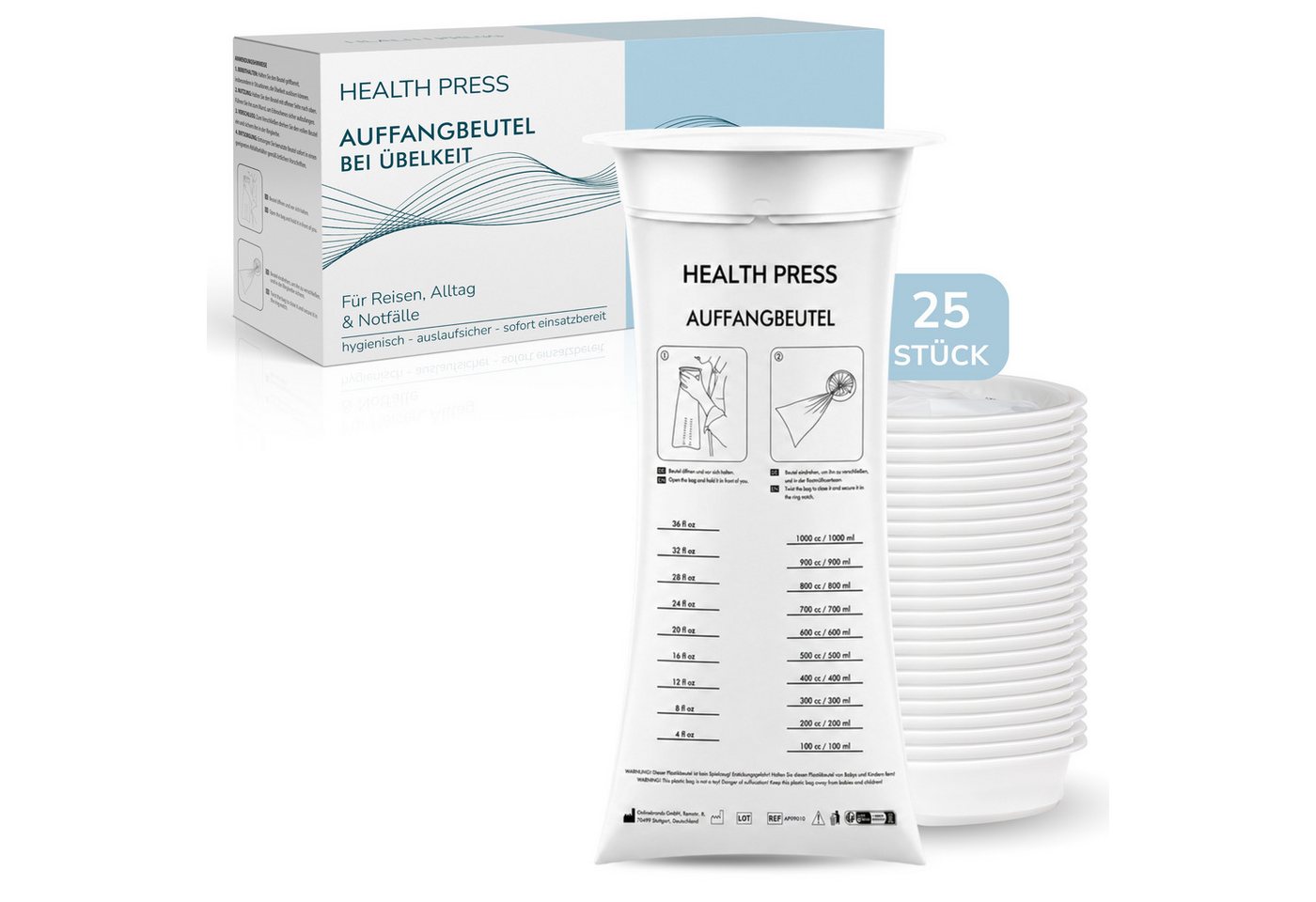 Health Press Spucktuch Auffangbeutel – Brechbeutel 1000 ml, (25-tlg), mit Mundstück Bild 4