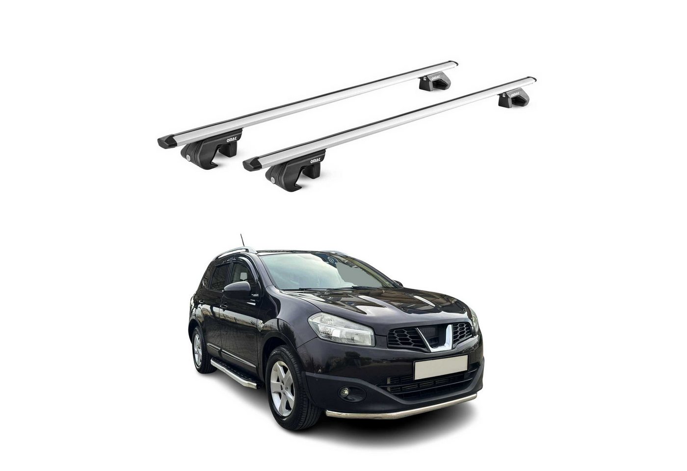 OMAC Dachträger Alu für Nissan Qashqai J10 J11 2007-2021 5 türig Silber ABE 2 tlg (2-St), Wasserbeständig,Abnehmbar,Multifunktional,Leichtgewichtig