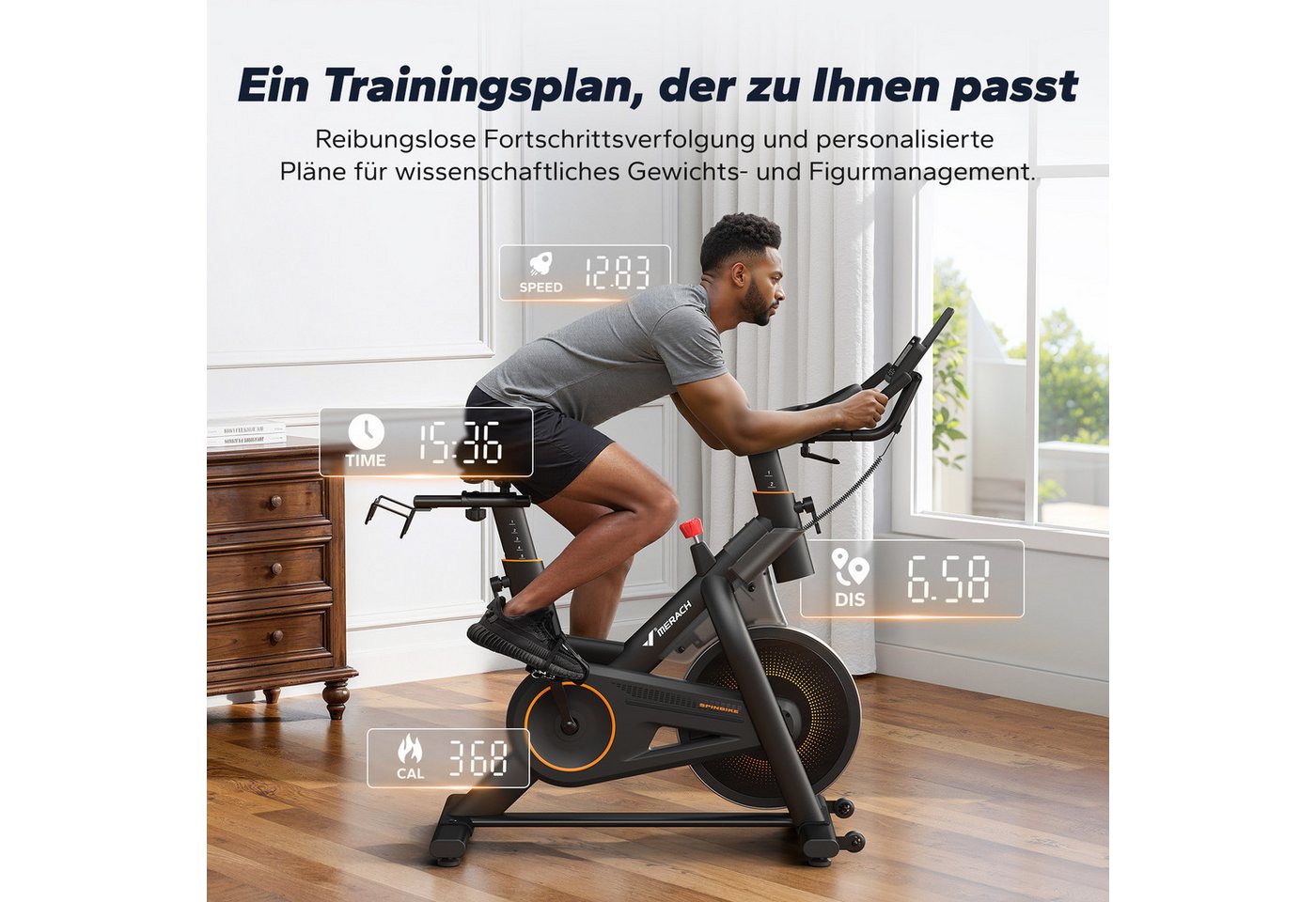MERACH Heimtrainer für Zuhause, Fitnessbike mit LCD-Display bis 158 KG (Fahrradtrainer mit Tablet-Halter, Bluetooth, eigener App, 1-tlg., 10 kg Schwungrad, Stationäres Fahrrad mit verstellbare Sitz), bequeme und leise, verstellbarer magnetischer Widerstand, Heimfitness