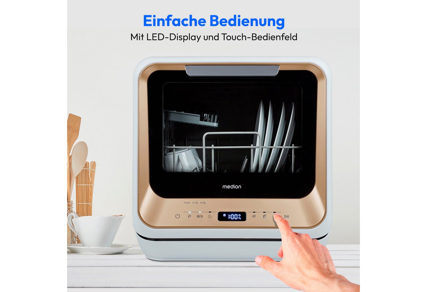 Medion® Tischgeschirrspüler MD37763, 2 Maßgedecke, mit/ohne Wasseranschluss, 6 Reinigungsprogramme, freistehend, gold Bild 4