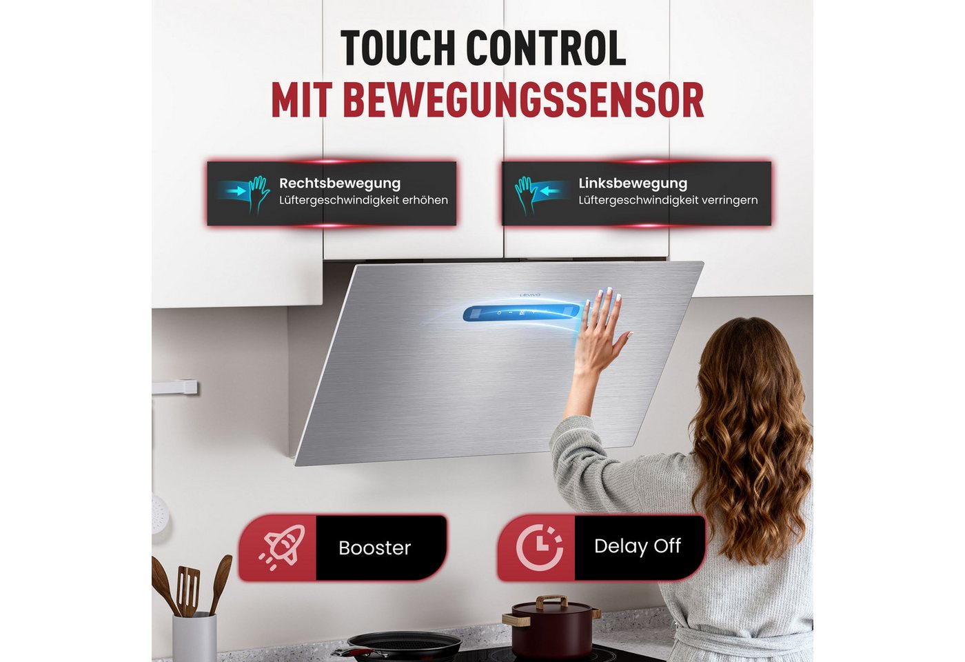 Levivo Kopffreihaube A+++ 420 m³/h Dunstabzugshaube 60cm Umluft & Abluft Aktivkohlefiltern, Fettfiltern, LED-Beleuchtung