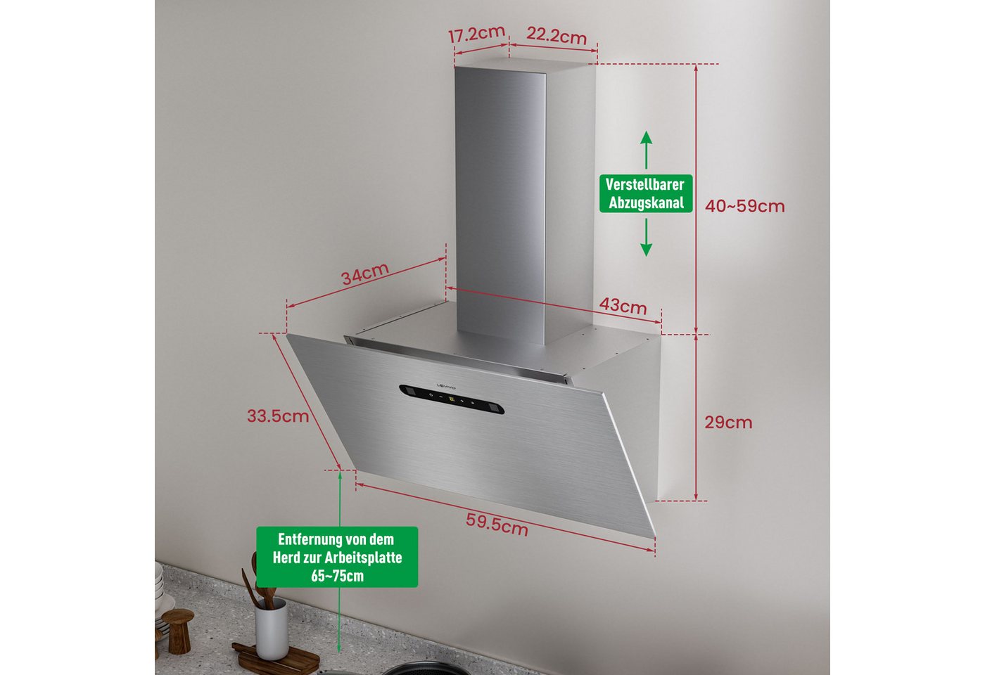 Levivo Kopffreihaube A+++ 420 m³/h Dunstabzugshaube 60cm Umluft & Abluft Aktivkohlefiltern, Fettfiltern, LED-Beleuchtung Bild 2