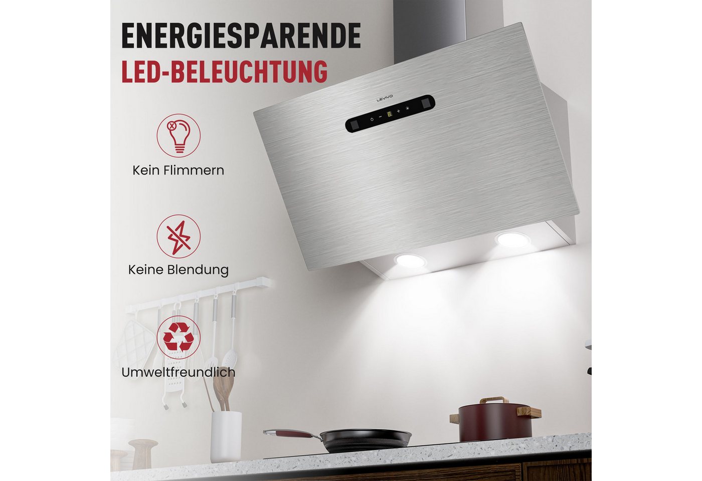 Levivo Kopffreihaube A+++ 420 m³/h Dunstabzugshaube 60cm Umluft & Abluft Aktivkohlefiltern, Fettfiltern, LED-Beleuchtung Bild 3