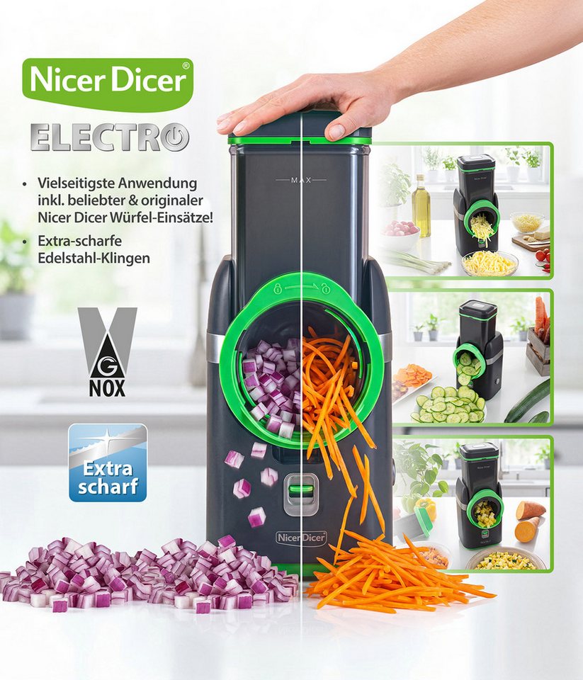 Genius Gemüseschneider Nicer Dicer Electro, 25 tlg, Gemüsehobel elektrisch, 6 Einsätze, 80 W, Extra-scharfe G-NOX Edelstahlklingen, einfache Reinigung, kompakt Bild 2