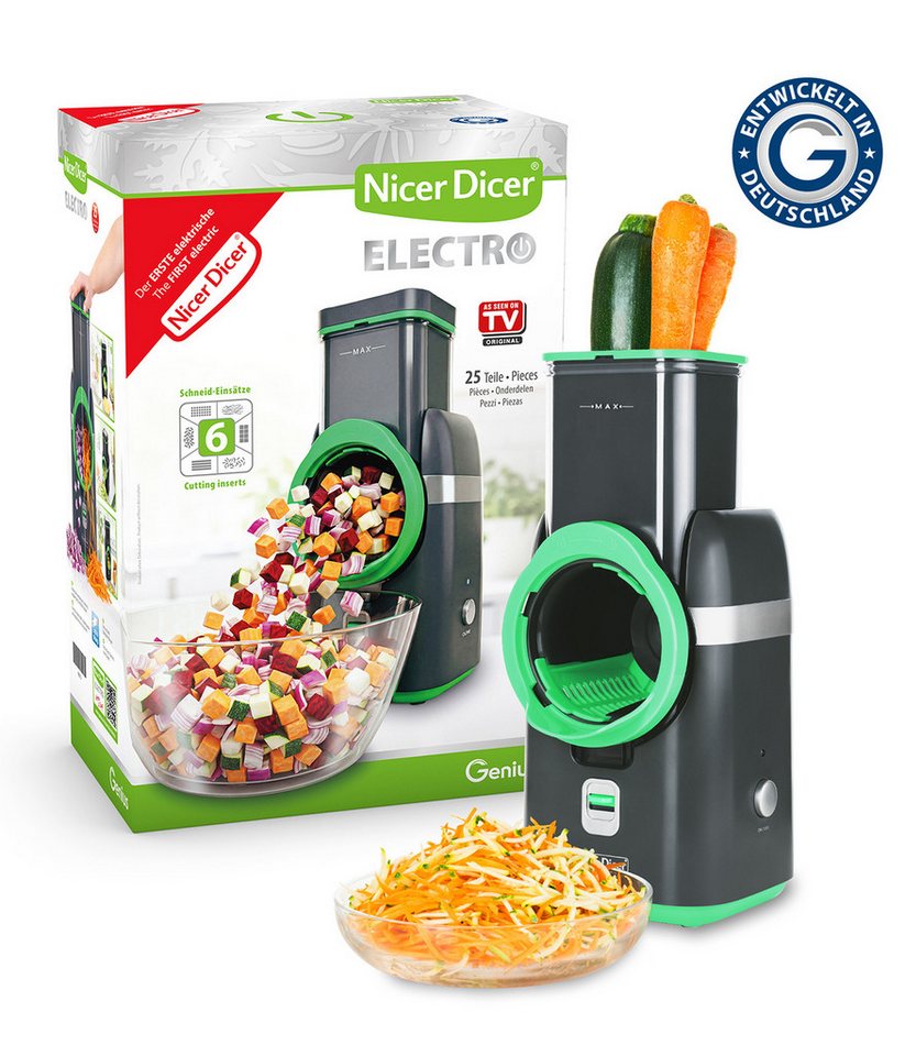 Genius Gemüseschneider Nicer Dicer Electro, 25 tlg, Gemüsehobel elektrisch, 6 Einsätze, 80 W, Extra-scharfe G-NOX Edelstahlklingen, einfache Reinigung, kompakt Bild 3