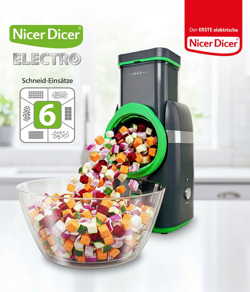 Genius Gemüseschneider Nicer Dicer Electro, 25 tlg, Gemüsehobel elektrisch, 6 Einsätze, 80 W, Extra-scharfe G-NOX Edelstahlklingen, einfache Reinigung, kompakt Bild 4