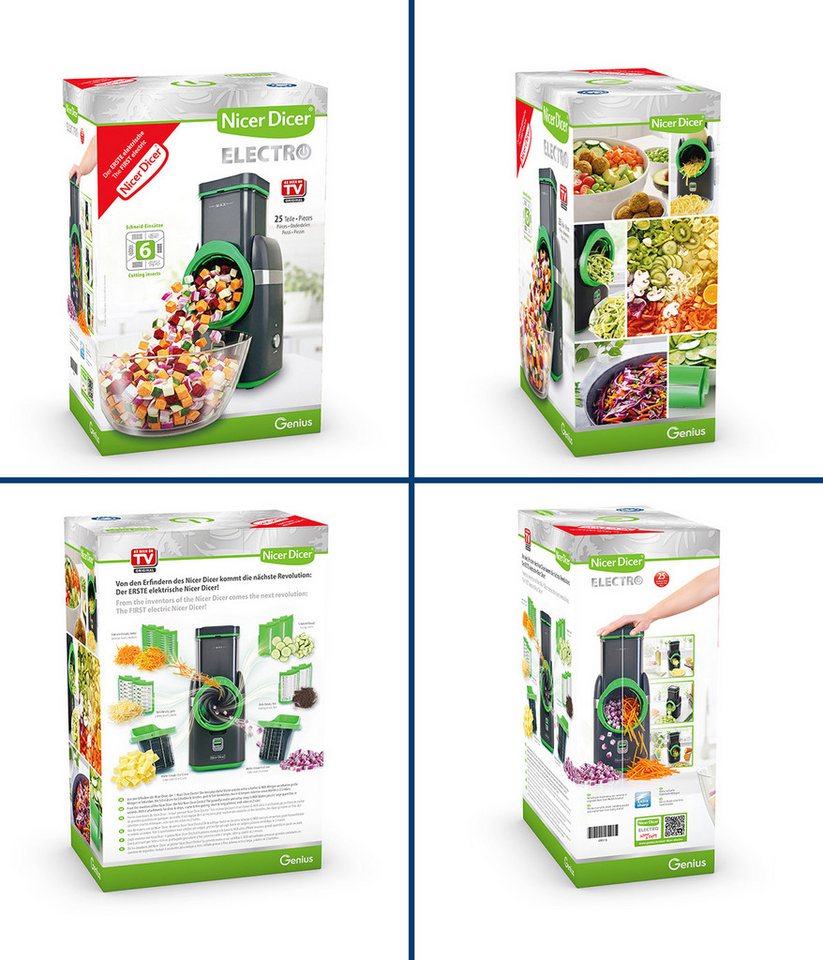 Genius Gemüseschneider Nicer Dicer Electro, 25 tlg, Gemüsehobel elektrisch, 6 Einsätze, 80 W, Extra-scharfe G-NOX Edelstahlklingen, einfache Reinigung, kompakt Bild 5