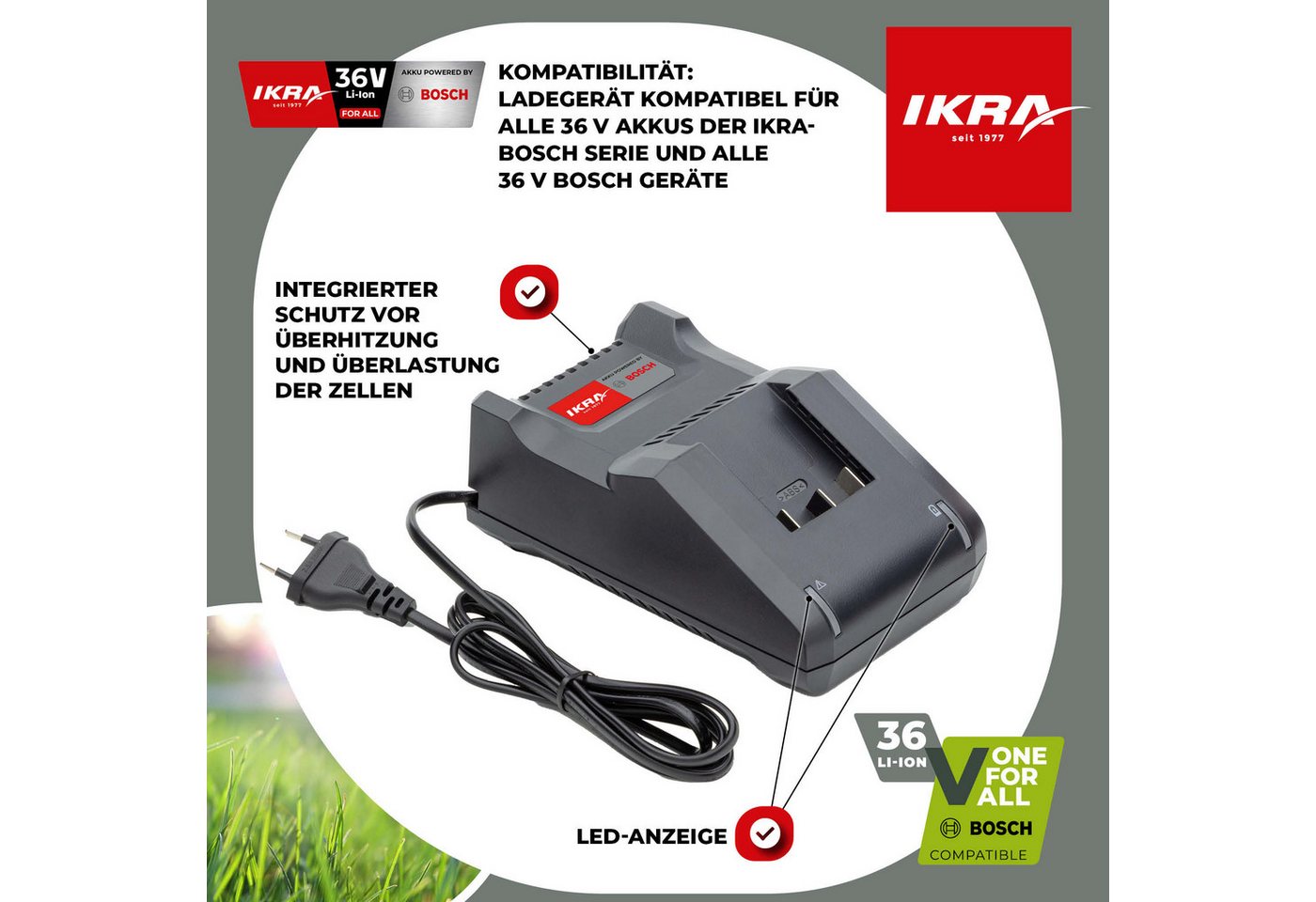 ikra GmbH AL 36-V-20 Batterie-Ladegerät (2000 mA, 1-tlg., schnelle Ladung, Kompatibilität mit BOSCH 36V & IKRA BOSCH 36V Serie)