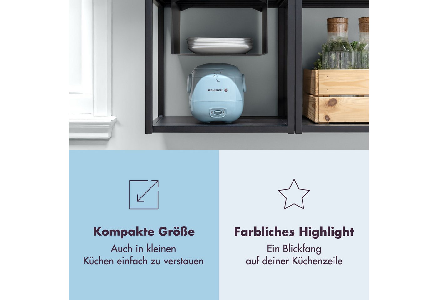 Reishunger Reiskocher Mini Modell – 0,3 L – 1-2 Portionen – in vier Farben verfügbar –, 120 W, Handliche Größe für kleine Haushalte und unterwegs Bild 3