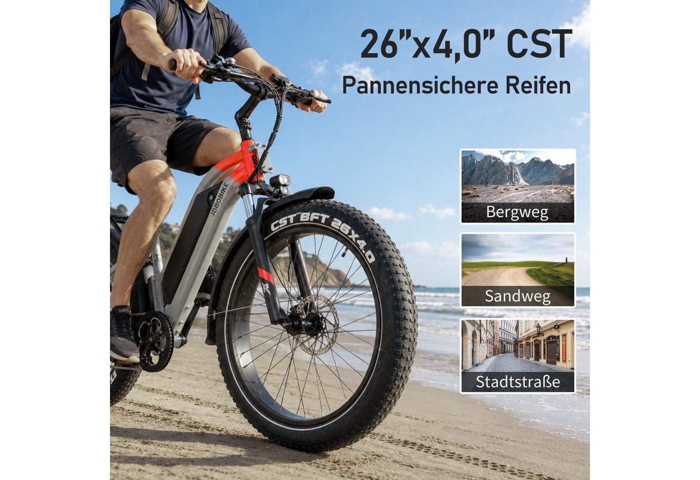 JOBOBIKE E-Bike Mountainbike 26 Zoll, Fatbike, MTB, max. 180km, Bremslicht- und Blinkerfunktion, 7 Gang Shimano, Kettenschaltung, Heckmotor, 840 Wh, (LCD-Farbdisplay, für Asphalt, Schotter und Gelände, Aluminiumrahmen), Robin Pro, 840Wh, Trapezrahmen, Federsattelstütze, Elektrofahrrad