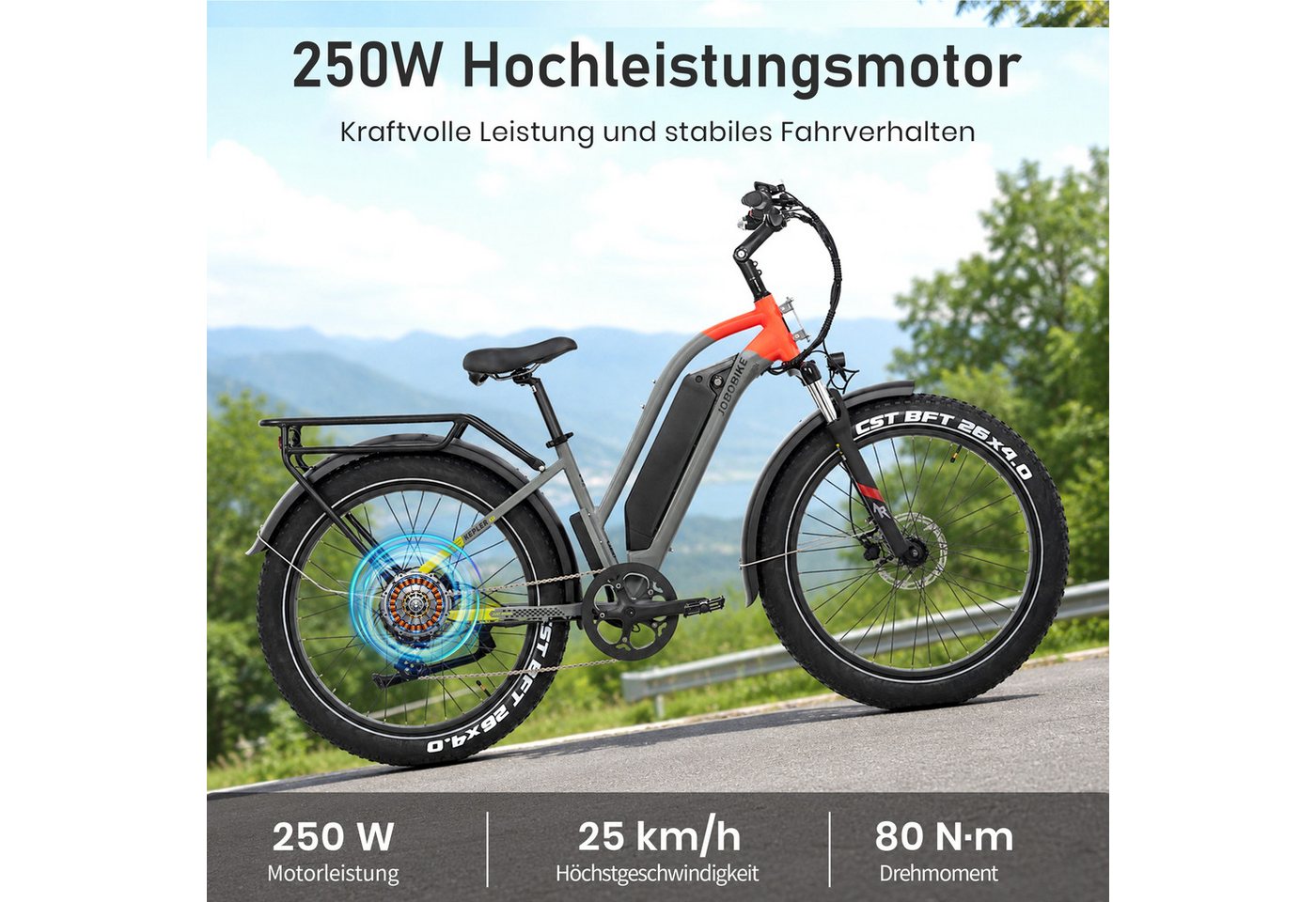 JOBOBIKE E-Bike Mountainbike 26 Zoll, Fatbike, MTB, max. 180km, Bremslicht- und Blinkerfunktion, 7 Gang Shimano, Kettenschaltung, Heckmotor, 840 Wh, (LCD-Farbdisplay, für Asphalt, Schotter und Gelände, Aluminiumrahmen), Robin Pro, 840Wh, Trapezrahmen, Federsattelstütze, Elektrofahrrad Bild 2