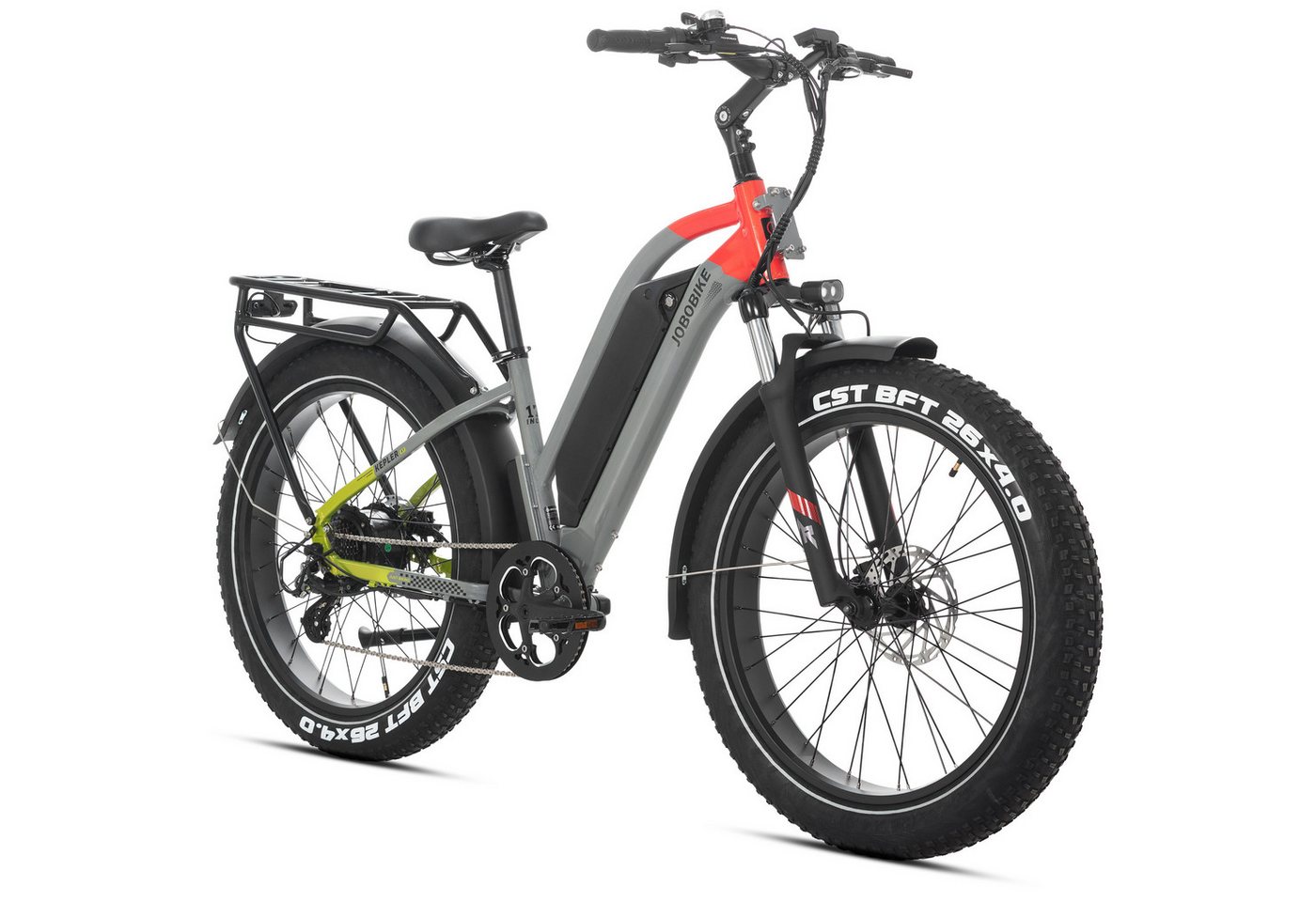 JOBOBIKE E-Bike Mountainbike 26 Zoll, Fatbike, MTB, max. 180km, Bremslicht- und Blinkerfunktion, 7 Gang Shimano, Kettenschaltung, Heckmotor, 840 Wh, (LCD-Farbdisplay, für Asphalt, Schotter und Gelände, Aluminiumrahmen), Robin Pro, 840Wh, Trapezrahmen, Federsattelstütze, Elektrofahrrad Bild 4
