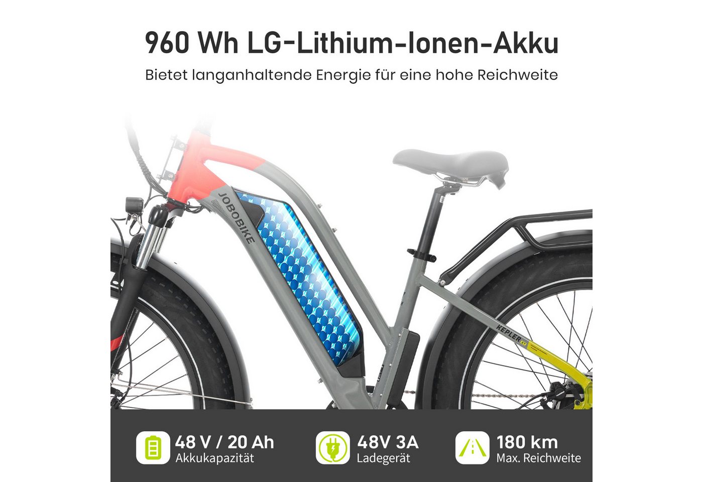 JOBOBIKE E-Bike Mountainbike 26 Zoll, Fatbike, MTB, max. 180km, Bremslicht- und Blinkerfunktion, 7 Gang Shimano, Kettenschaltung, Heckmotor, 840 Wh, (LCD-Farbdisplay, für Asphalt, Schotter und Gelände, Aluminiumrahmen), Robin Pro, 840Wh, Trapezrahmen, Federsattelstütze, Elektrofahrrad Bild 5