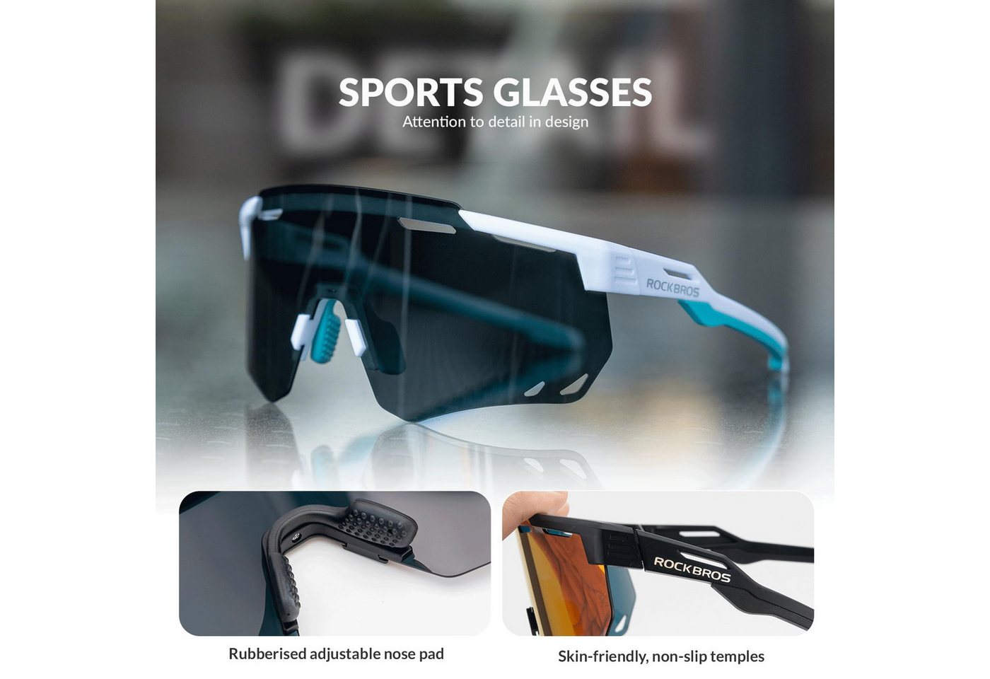 ROCKBROS Fahrradbrille Sportbrille Herren Damen Fahrrad MTB Rennrad Outdoor TR90 Rahmen, selbsttönend, UV400 Schutz, verstellbare Nasenpads, leicht Bild 3