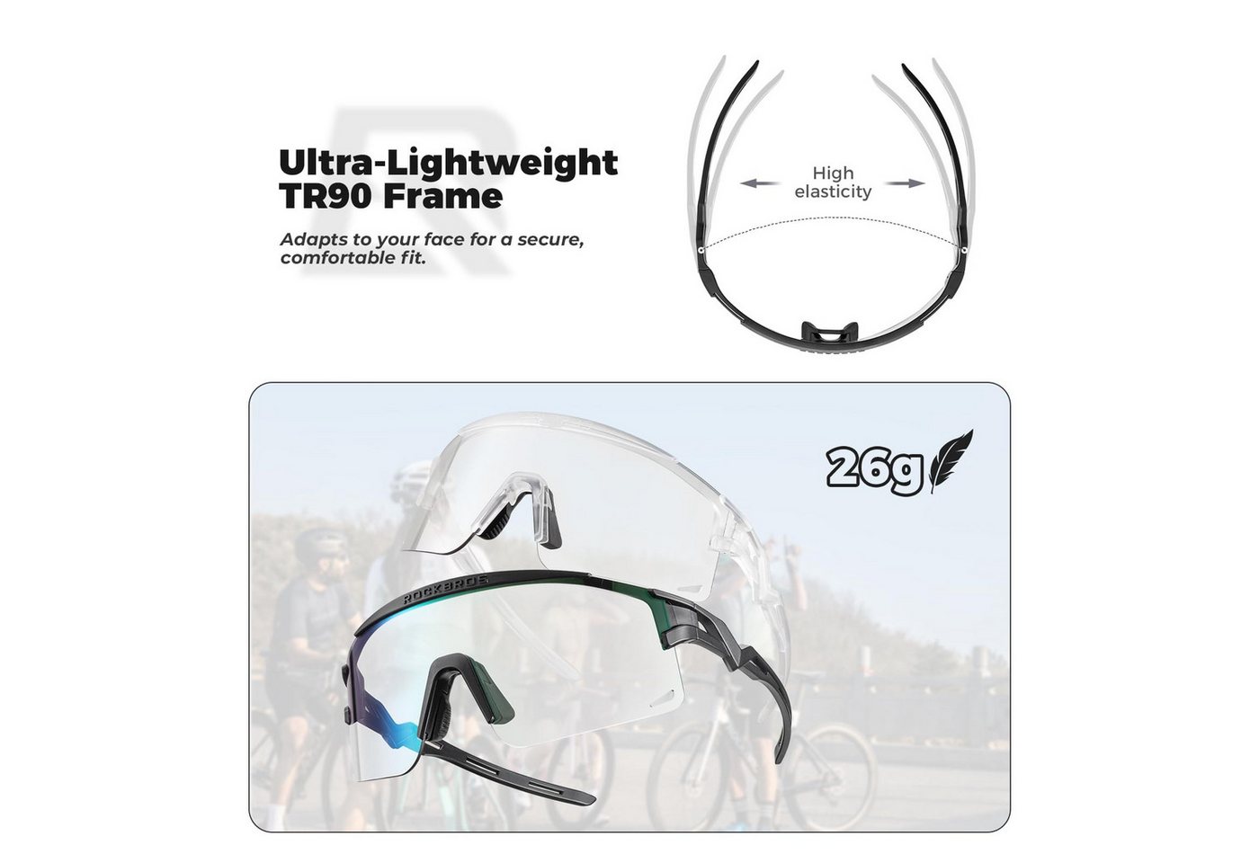 ROCKBROS Fahrradbrille Sportbrille Herren Damen Fahrrad Rennrad Outdoor TR90 Rahmen, photochrom, polarisiert, UV400 Schutz, ultraleicht, winddicht Bild 4