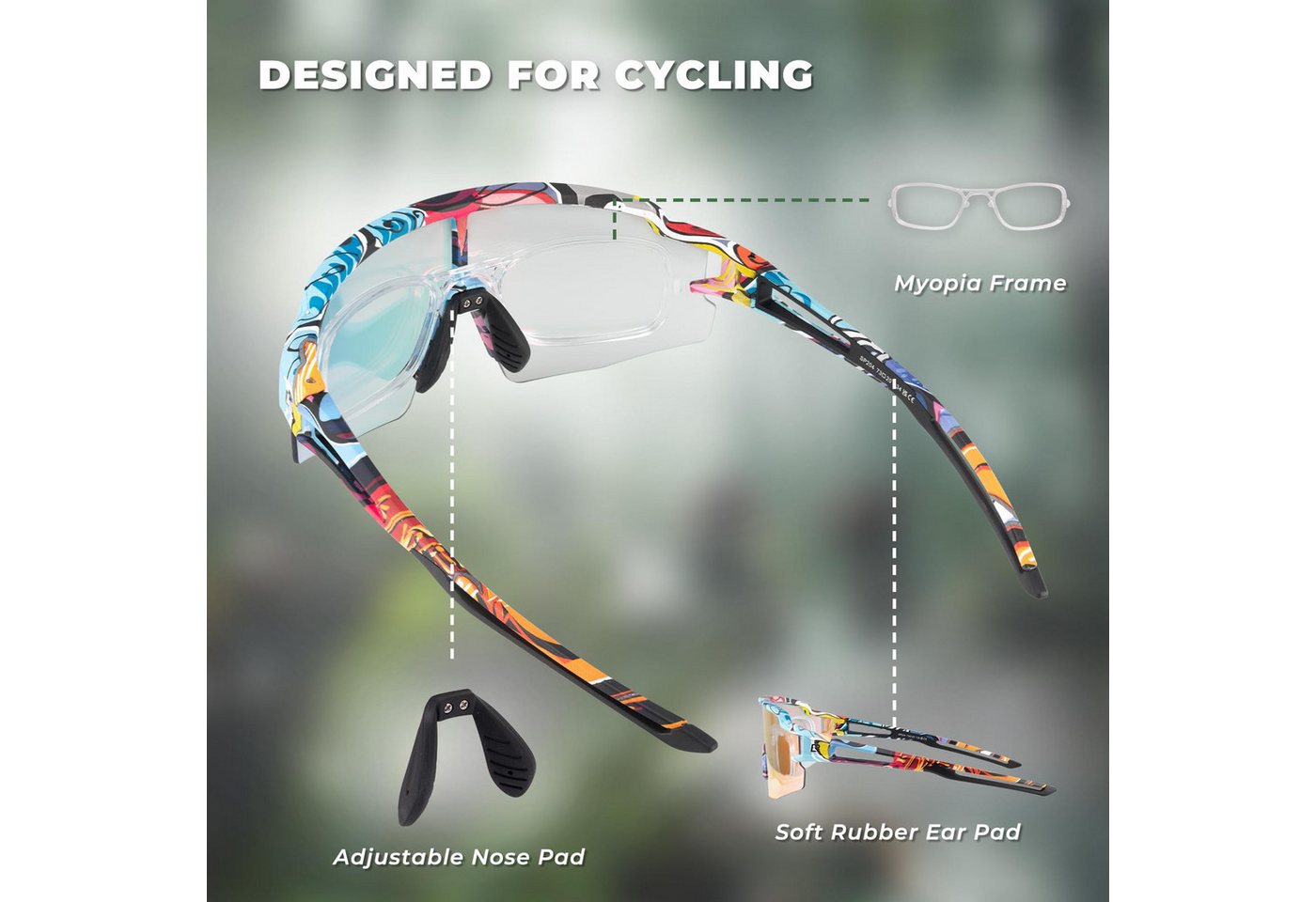 ROCKBROS Fahrradbrille Sportbrille Herren Outdoor Radfahren Angeln Golf PC Rahmen, photochrom, UV400 Schutz, ultraleicht, winddicht