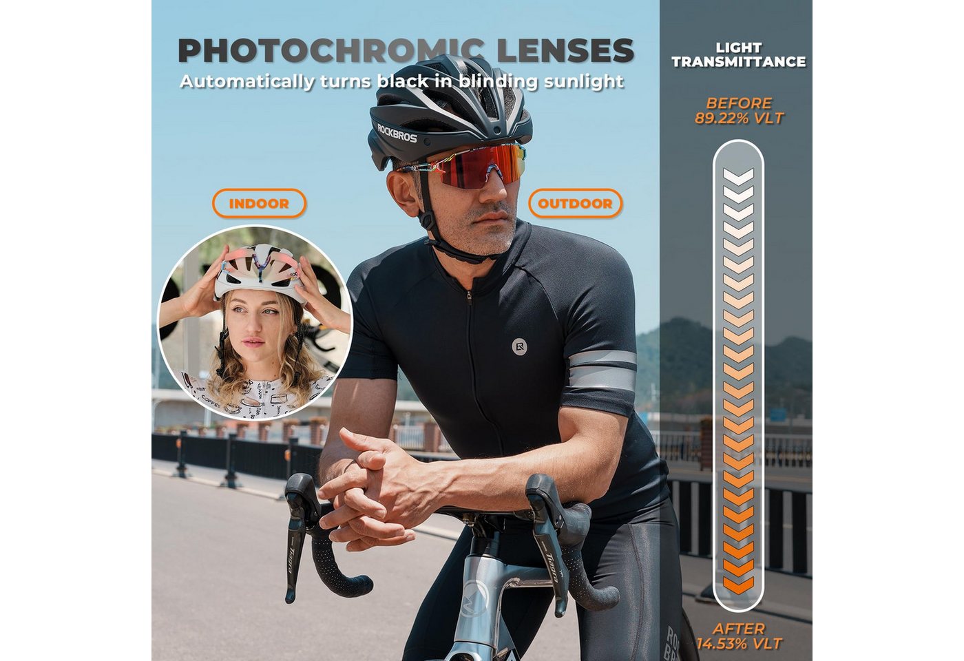 ROCKBROS Fahrradbrille Sportbrille Herren Outdoor Radfahren Angeln Golf PC Rahmen, photochrom, UV400 Schutz, ultraleicht, winddicht Bild 5