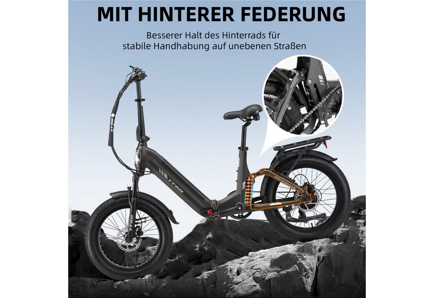 TTGO E-Bike Klapprad 20 Zoll, Fully, Vollfederung, 70Nm Hinterradmotor, 120km, max.150kg, 7 Gang SHIMANO, Kettenschaltung, Heckmotor, 720 Wh, (Softtail, hydr. Scheibenbremse, mit Bremslicht), F7, Drehmomentsensor, Lockout-Federgabel, Elektrofahrrad, Damen Herren