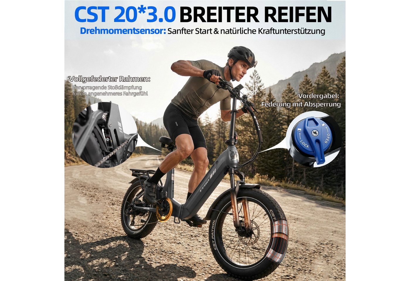 TTGO E-Bike Klapprad 20 Zoll, Fully, Vollfederung, 70Nm Hinterradmotor, 120km, max.150kg, 7 Gang SHIMANO, Kettenschaltung, Heckmotor, 720 Wh, (Softtail, hydr. Scheibenbremse, mit Bremslicht), F7, Drehmomentsensor, Lockout-Federgabel, Elektrofahrrad, Damen Herren Bild 5