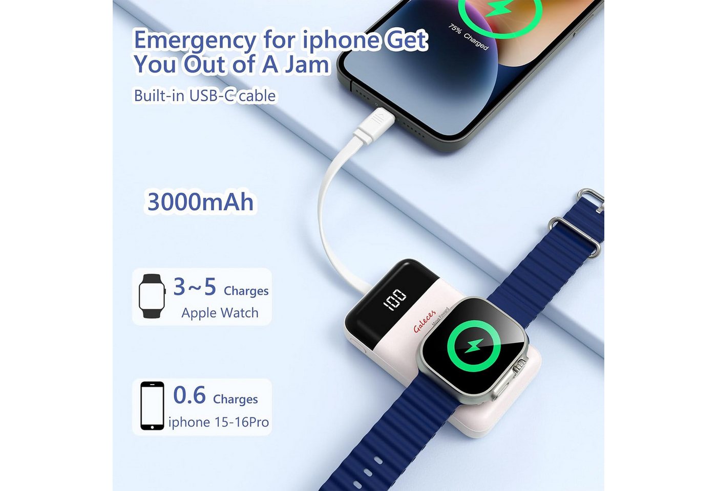 Galeces Mini Powerbank 3000mAh Wireless USB C magnetisch kompakt LED Anzeige Powerbank Mini Powerbank 3000 mAh (5 V), Magnetisch Wireless LED Anzeige USB C kompakt 3000mAh tragbar