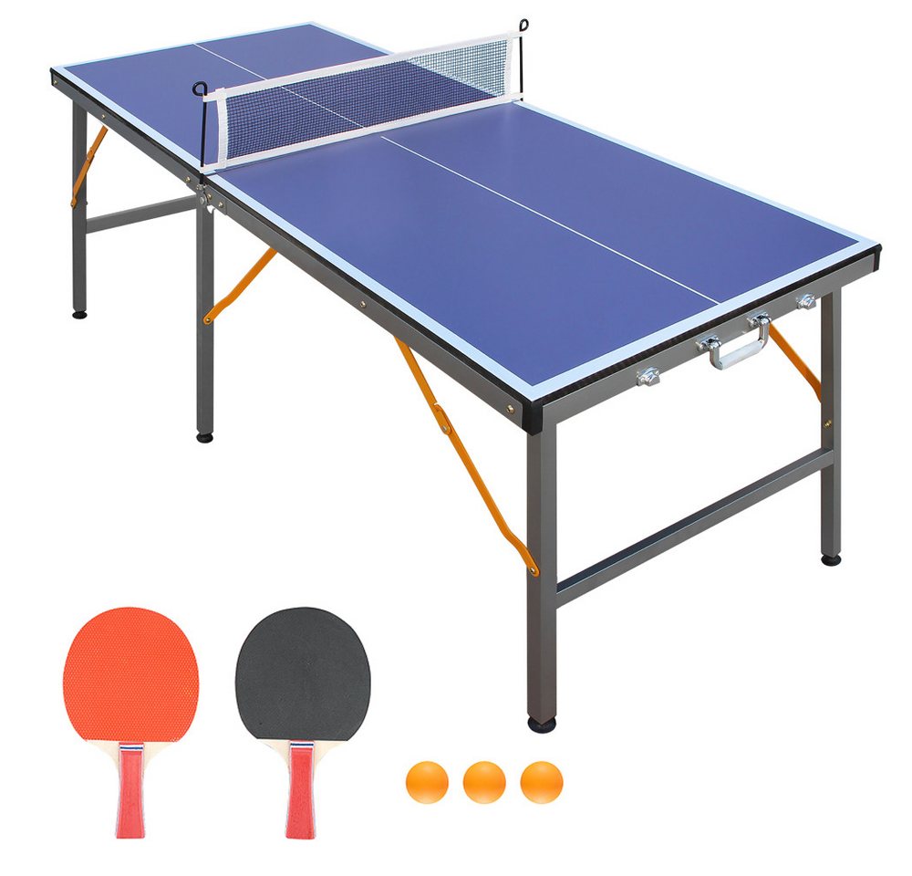 BBWL Tischtennisplatte mit Netz Schlägern Bällen stabil 6-Bein Design platzsparend blau, Tischtennisplatte klappbar Indoor Outdoor Set