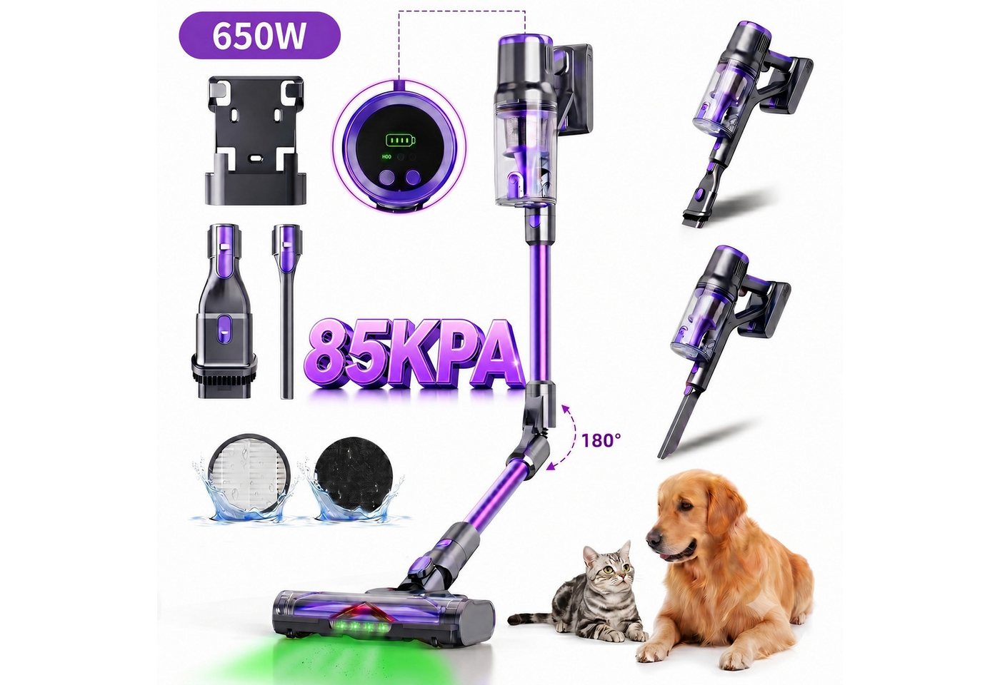 Blossom Akku-Hand-und Stielstaubsauger Akku Staubsauger 85000Pa/650W/65Min, 2L Staubsauger Kabellos, 2 L, 50dB leise/6-Stufen-Filter/OLED Display,Ideal für Böden/Teppiche/Auto Bild 2