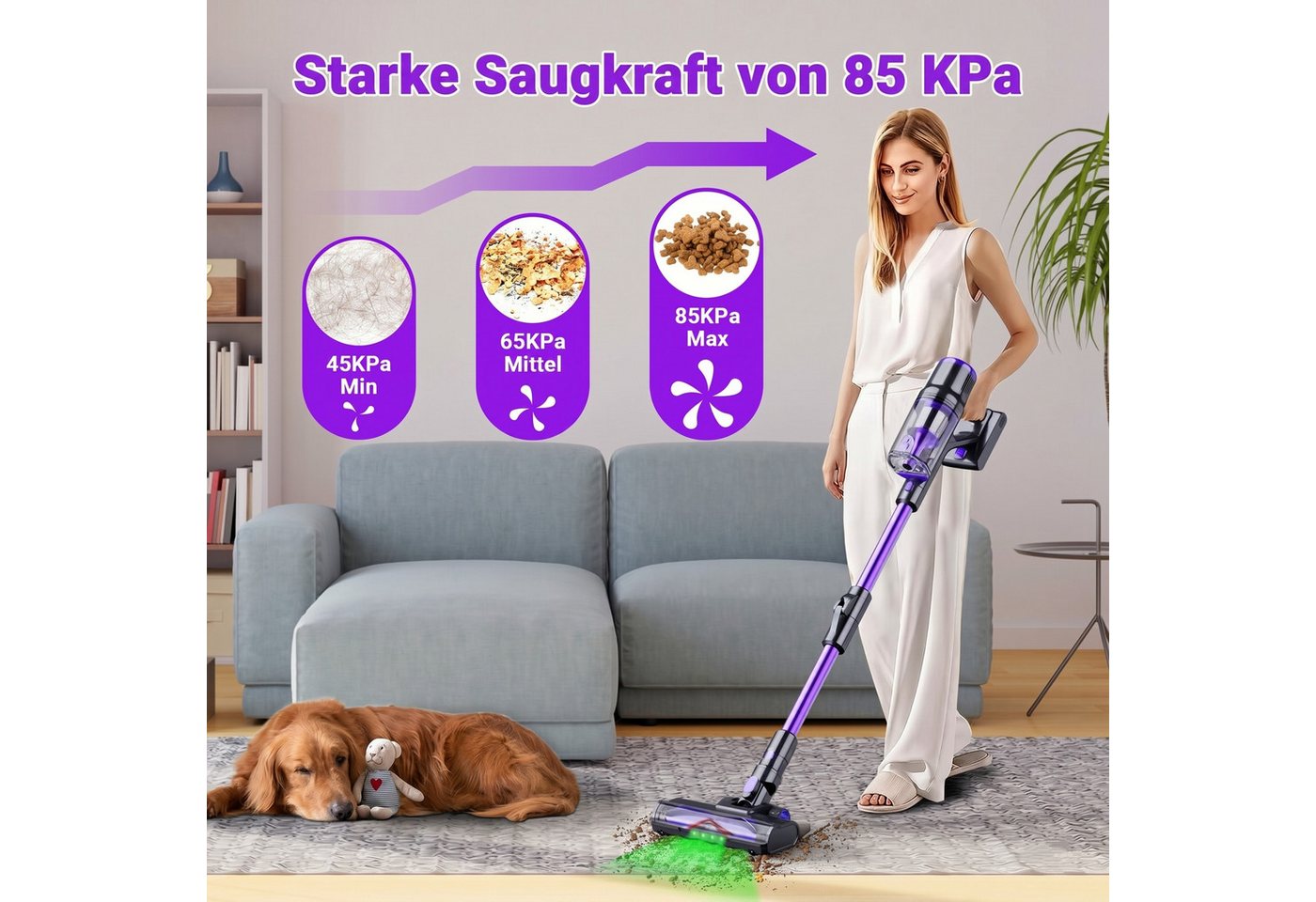 Blossom Akku-Hand-und Stielstaubsauger Akku Staubsauger 85000Pa/650W/65Min, 2L Staubsauger Kabellos, 2 L, 50dB leise/6-Stufen-Filter/OLED Display,Ideal für Böden/Teppiche/Auto Bild 3