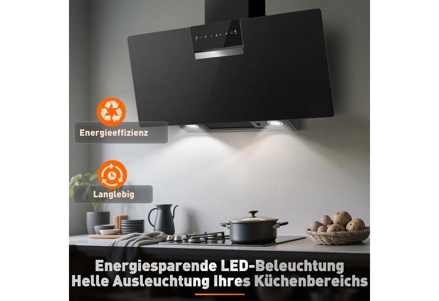 SNDOAS Kopffreihaube Dunstabzugshaube 90cm, A+++ Energieeffizienzklasse, 800 m³/h Saugkraft Dunstabzugshaube 90cm, A+++ Energieeffizienzklasse, 800 m³/h Saugkraft, 3 Stufen + Booster, Touch & Gestensteuerung, Aktivkohlefilter, A+++