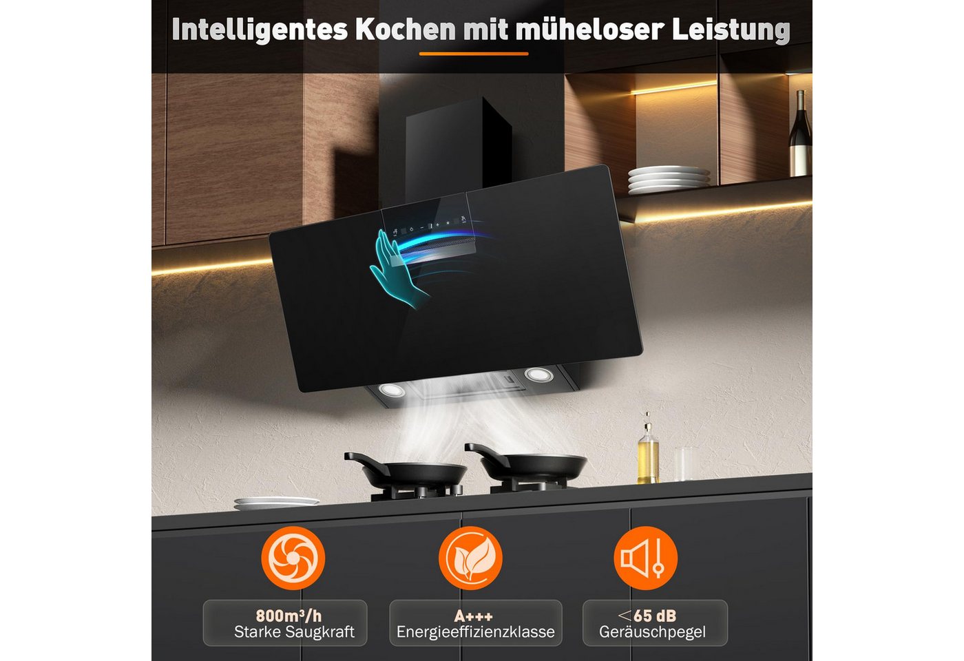 SNDOAS Kopffreihaube Dunstabzugshaube 90cm, A+++ Energieeffizienzklasse, 800 m³/h Saugkraft Dunstabzugshaube 90cm, A+++ Energieeffizienzklasse, 800 m³/h Saugkraft, 3 Stufen + Booster, Touch & Gestensteuerung, Aktivkohlefilter, A+++ Bild 2