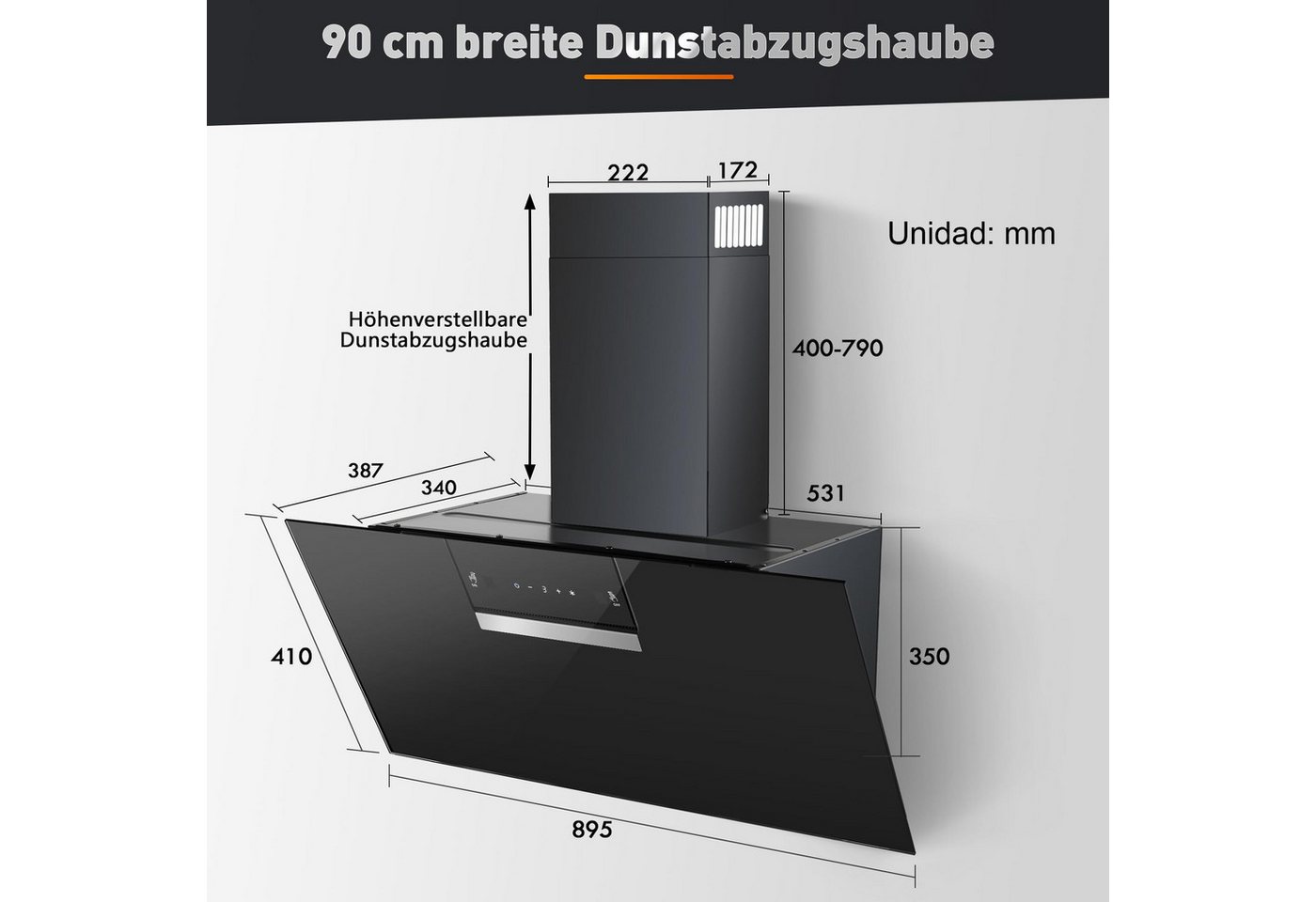 SNDOAS Kopffreihaube Dunstabzugshaube 90cm, A+++ Energieeffizienzklasse, 800 m³/h Saugkraft Dunstabzugshaube 90cm, A+++ Energieeffizienzklasse, 800 m³/h Saugkraft, 3 Stufen + Booster, Touch & Gestensteuerung, Aktivkohlefilter, A+++ Bild 3