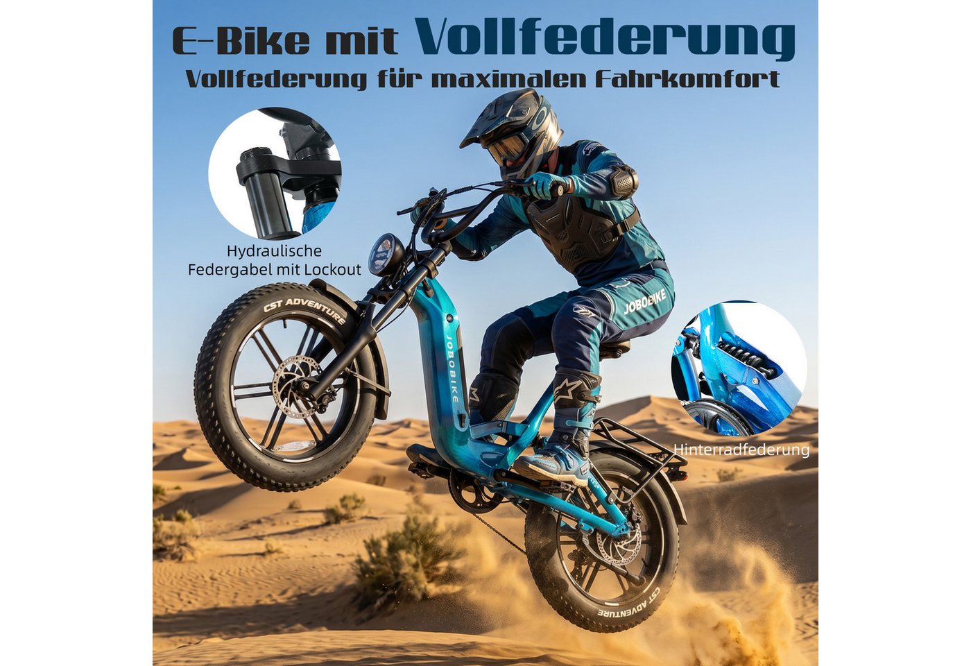 JOBOBIKE E-Bike Mountainbike 20 Zoll, 48V 720Wh, 150km, Fully, Vollfederung, Fatbike, MTB, 7 Gang Shimano, Kettenschaltung, Heckmotor, 720 Wh, (Lockout-Federgabel, Softtail, mit Bremslicht, 130 Lux Frontlicht), Drehmomentsensor, Farbdisplay, Elektrofahrrad für Damen und Herren