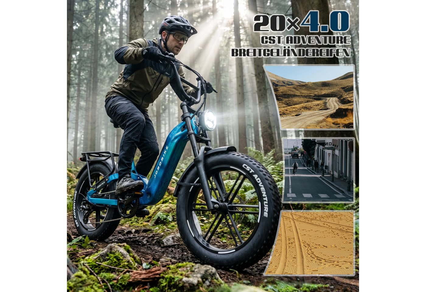 JOBOBIKE E-Bike Mountainbike 20 Zoll, 48V 720Wh, 150km, Fully, Vollfederung, Fatbike, MTB, 7 Gang Shimano, Kettenschaltung, Heckmotor, 720 Wh, (Lockout-Federgabel, Softtail, mit Bremslicht, 130 Lux Frontlicht), Drehmomentsensor, Farbdisplay, Elektrofahrrad für Damen und Herren Bild 3
